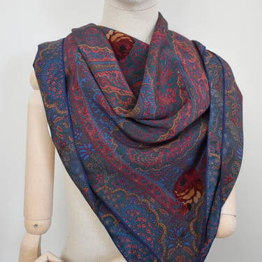 1970s/80s Navy Paisley and Rose Print Silk Scarf 