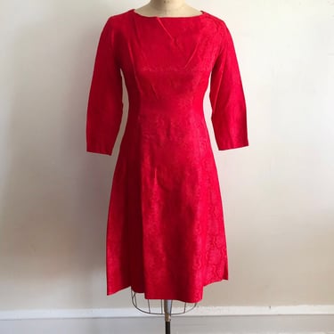 Red Satin Damask Cocktail Dress - 1950s 