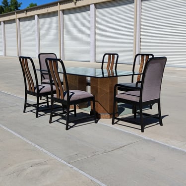 Postmodern Bernhardt Glass Dining Table & Chairs | 80s | Birdseye Maple Pedestal Bases | Unique | Mid Century | Six Chairs 