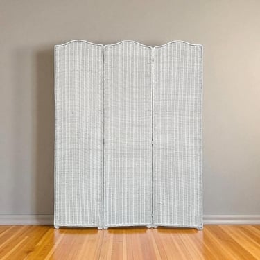 Vintage White Wicker Room Divider 56”W 70”H - Full Privacy 3 Panel Coastal Boho Chic Screen 