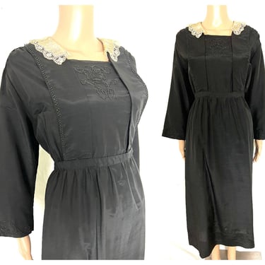 VOLUP Antique 1910s Edwardian Black Beaded Dress w/ Iridescent Beads and Lace Collar - size Extra Large XL 34 inch waist 