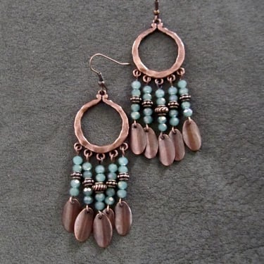 Crystal chandelier earrings, sea green and copper earrings 