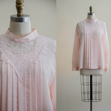 80s lace collar blouse | silky pink Edwardian style high collar vintage blouse 
