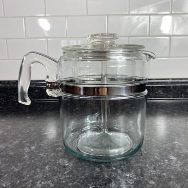 Vintage Pyrex Flameware 9 Cup Coffee Percolator, Complete Set Glass Stem & Basket, 7759 B Flame Logo, glass handle, Camp coffee, Grandpa 