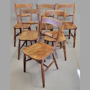 Antique 19th Century English Country Elm Oxford Bar-Back Side Chairs - Set of 6