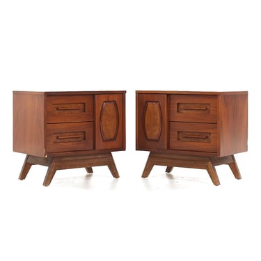 Young Manufacturing Mid Century Walnut and Burlwood Nightstands - Pair - mcm 