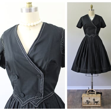 Vintage 1950s Beautiful NOS Unworn Black White whip Stitching Cotton Day Dress Vintage Sears pinup girl // US 2 4  xs s 