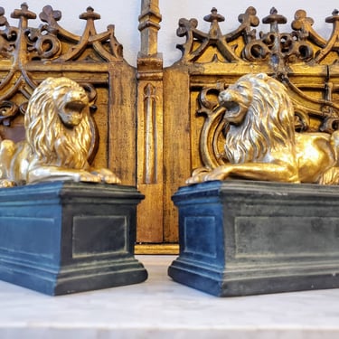 Vintage Solid Brass Lion Statue / Bookend Pair Signed Gatco - After NYC Public Library Lion Sculpture Patience & Fortitude 