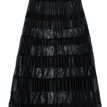BCBG Max Azria - Black Lace & Vegan Leather Accordion Pleated Maxi Skirt Sz S