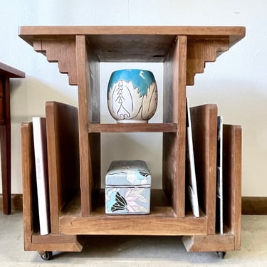 Art Deco Style Mid Century Small Wood Table Magazine Rack Bookshelf on Casters | Small MCM Side Table End Table Geometric Square Nightstand 