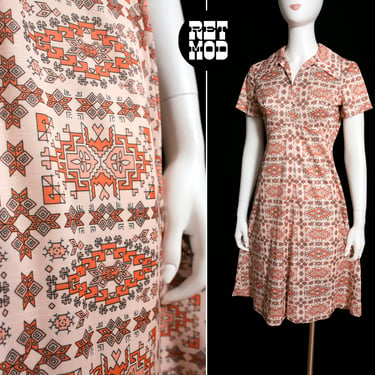 Vintage 70s Peach & Orange Southwestern Themed Print Collared Dress 