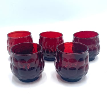Anchor Hocking Red Ruby Bubble Lowball Old Fashion Glasses, Set of 5, Vintage, Retro Glass, Drinkware, Barware 