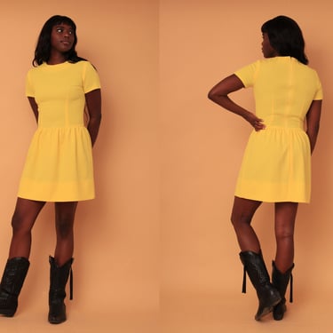 Vintage 1960s Classic Bright Yellow Mini Dress w/ Structured Stitching & Cap Sleeves 