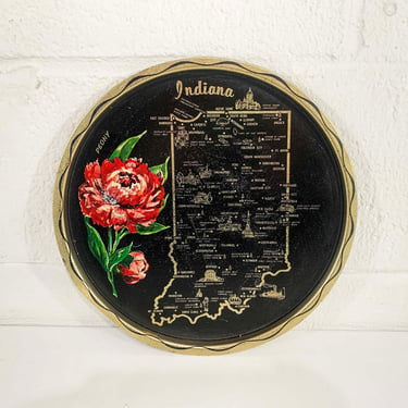Vintage Metal Indiana State Drink Tray Plate Souvenir Retro Peony Blossom MCM Mid-Century Barware Bar Flower Floral Black Gold 1970s 