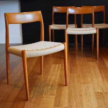 Four Danish teak modern Niels Moller 77 dining chairs w/new papercord seats 