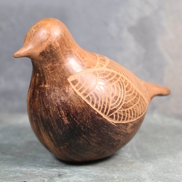 Vintage Clay Bird Figurine | Carved Clay with Wood Look | Signed Clay Fat Bird Sculpture | Bixley Shop 