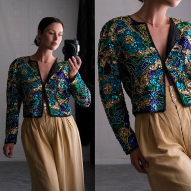 Vintage 80s Laurence Kazar Silk Sequined Cropped Evening Blouse Jacket w/ Large Floral Design | 100% Silk | 1980s Designer Evening Jacket 