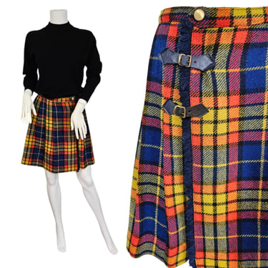 1960's Acrylic Blue Yellow Pleated Plaid Mini Skirt I Sz Sm I Kilt 