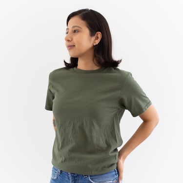 Vintage Army Green T-Shirt | Yellow Stripe Crewneck Tee Cotton | XS S | 