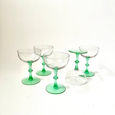 Vintage Crystal Coupes - Green Stems - Set of Four 