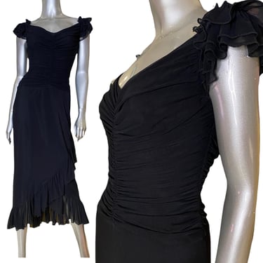 Vintage Tadashi Black Rushed Dress Size Medium 90’s Mid Calf Ruffle Dress 