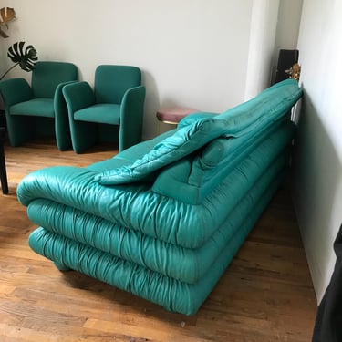 Vintage 1980s Leather Sofa Couch Postmodern Turquoise Blue 