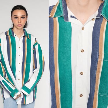 Striped Button Up Shirt 90s Cotton Collared Shirt White Green Blue Brown Oxford Top Long Sleeve Boyfriend Shirt Vintage 1990s Mens Large L 
