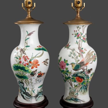Chinese Famille Rose Porcelain Vase Lamps, Pair