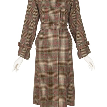 Christian Aujard 1970s Vintage Plaid Wool Rounded Shoulder Trench Coat Sz S M 