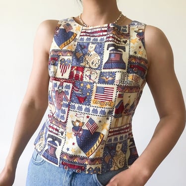 vintage tank top handmade tank top vintage fabric liberty old gory America USA cat red blue cropped boxy size XS/S 