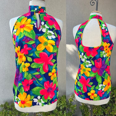 Vintage 70s boho neon floral tunic top sleeveless Sz XS/S handmade 