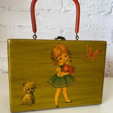 vintage 1960s box purse novelty print decoupage girl butterfly puppy squirrel 