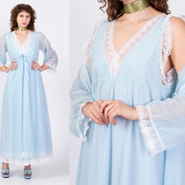 1970s Blue Peignoir Set, As Is - Large | Vintage 70s Negligee Nightgown Sheer Maxi Dress & Robe 