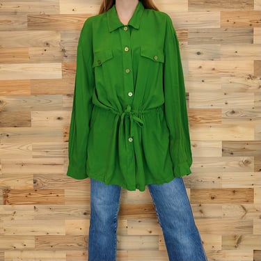 90's Pure Silk Vintage Green Long Sleeve Button Front Drawstring Blouse Top 