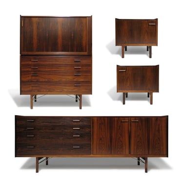 Rare Ib Kofod Larsen for Brandi Moblefabrik Rosewood Set Credenza / Dresser & Night Stands Bed Side Tables
