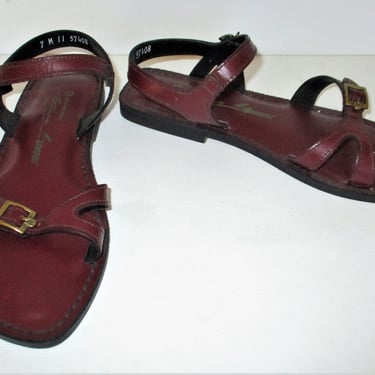 Vintage Etienne Aigner Strappy Gladiator Sandals, Size 7M Women, cordovan leather, logo buckles, never worn 