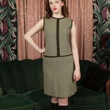 1960s Dress - Vintage 60s Houndstooth Mod Drop Waist Shift Dress by in Cream and Olive Green 