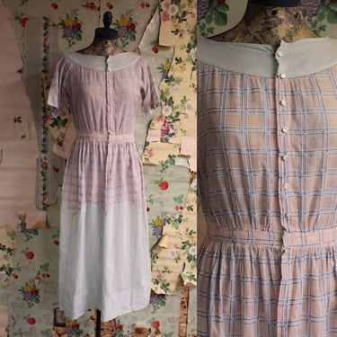 1930s 1940s Sheer Pastel Cotton Plaid Shirtwaist Farm Frock Dress. Small. Medium. By Copperhive Vintage. 