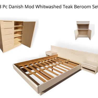 3 pc Danish Modern Bedroom Set in Whitewashed Finish from Jesper, Queen Bed + Gentelam's Chest Dresser + Storage Chest, Mid Century Modern 