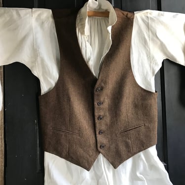 French Brown Wool Waistcoat, Gents Vest, Satin Backing, Lined, Pockets, Period Clothing 