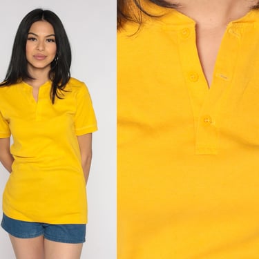 Yellow Henley Shirt 90s Jockey Short Sleeve Top Retro Casual Basic Simple Plain Solid Tee Half Button Up T-Shirt 1990s Vintage Medium M 