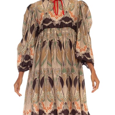 1970S Liberty Of London Brown  Neutral Tones Cotton Art Nouveau Metallic Printed Dress 