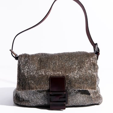 FENDI 90s Silver Beaded Mama Baguette with Brown Leather Details