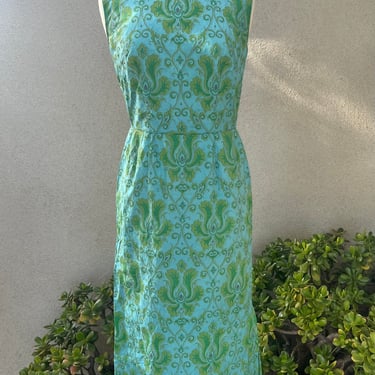 Vintage maxi dress silk brocade blue green custom Made lined kick pleat XSmall 
