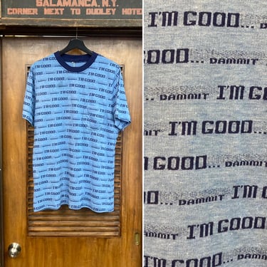 Vintage 1970’s “Dammit I’m Good” Words Print Knit Mod All Over Pocket T-Shirt, 70’s Tee Shirt, Vintage Clothing 