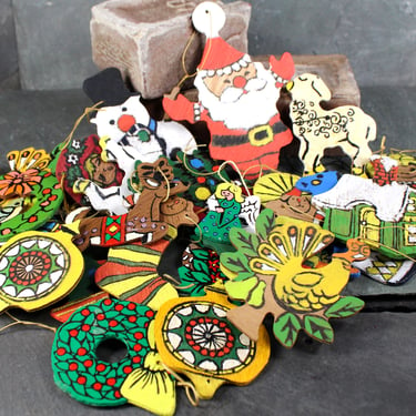 Vintage Woodcut Hand-Painted Ornaments | Lot of 31 | Circa 1960s | Handmade Ornaments 