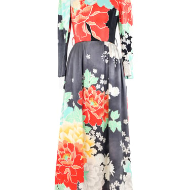 1970s Hanae Mori Handpainted Silk Evening Gown