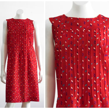 Vintage Red Sleeveless Dress with Pintucking and Dots Pattern 