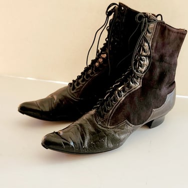 Antique Granny Boots Lace Up Black Silk & Leather Edwardian 