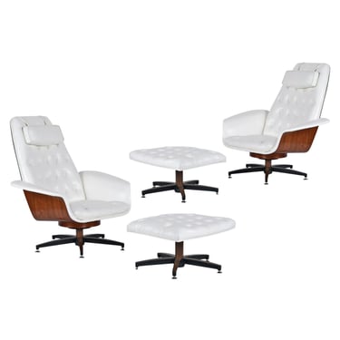 Pair of Restored Mid-Century Modern George Mulhauser Mr. Chairs is White with Matching Ottomans 